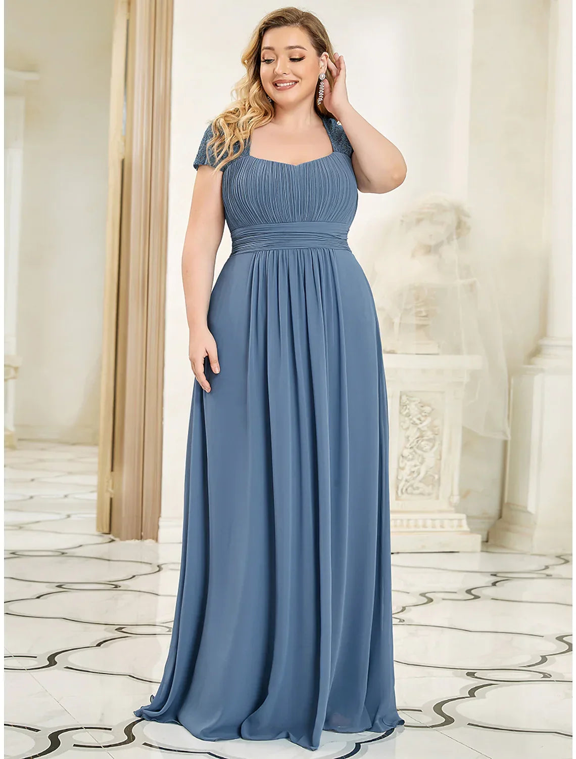 Evening Gown Plus Size Dress Wedding Guest Floor Length Short Sleeve with Ruched