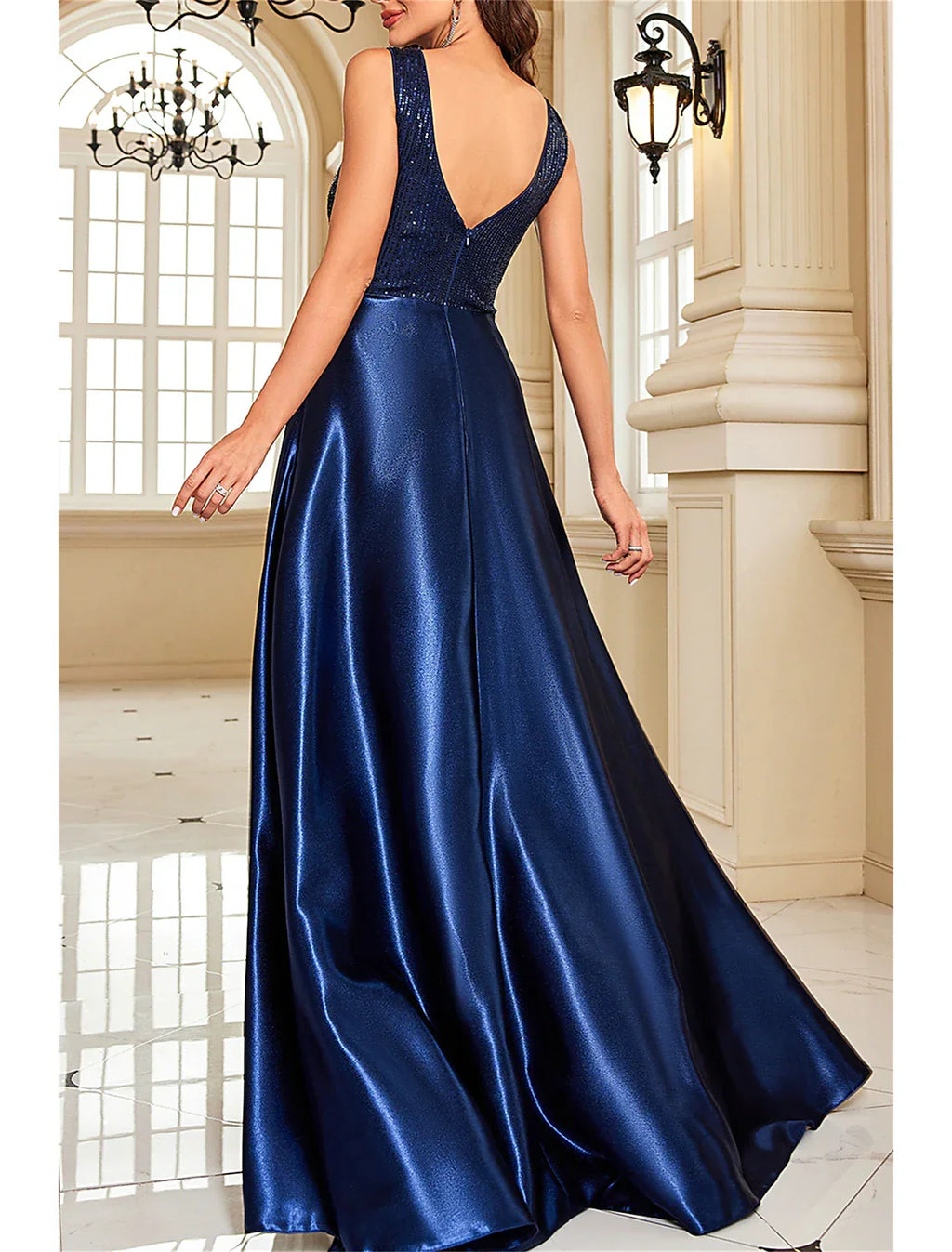 Mother of the Bride Dress Wedding Guest Party Sparkle & Shine Elegant V Neck Floor Length Sleeveless with Color Block