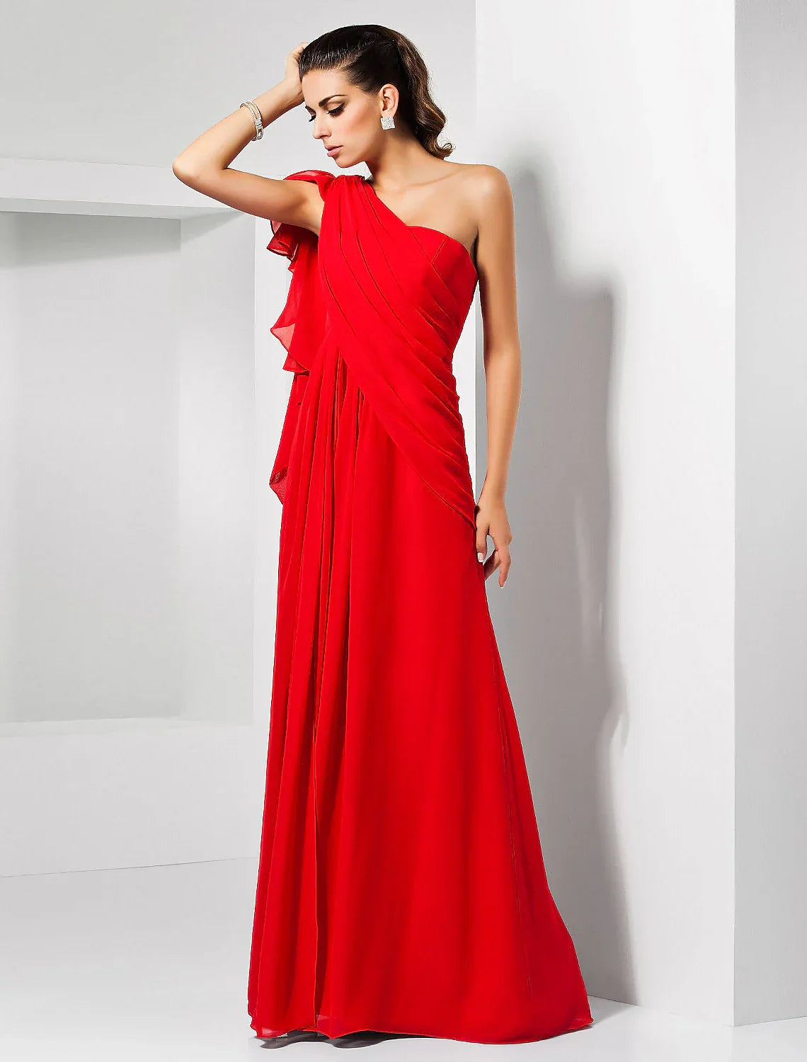 Sheath / Column Empire Wedding Guest Formal Evening Dress One Shoulder Sleeveless Floor Length with Draping Slit