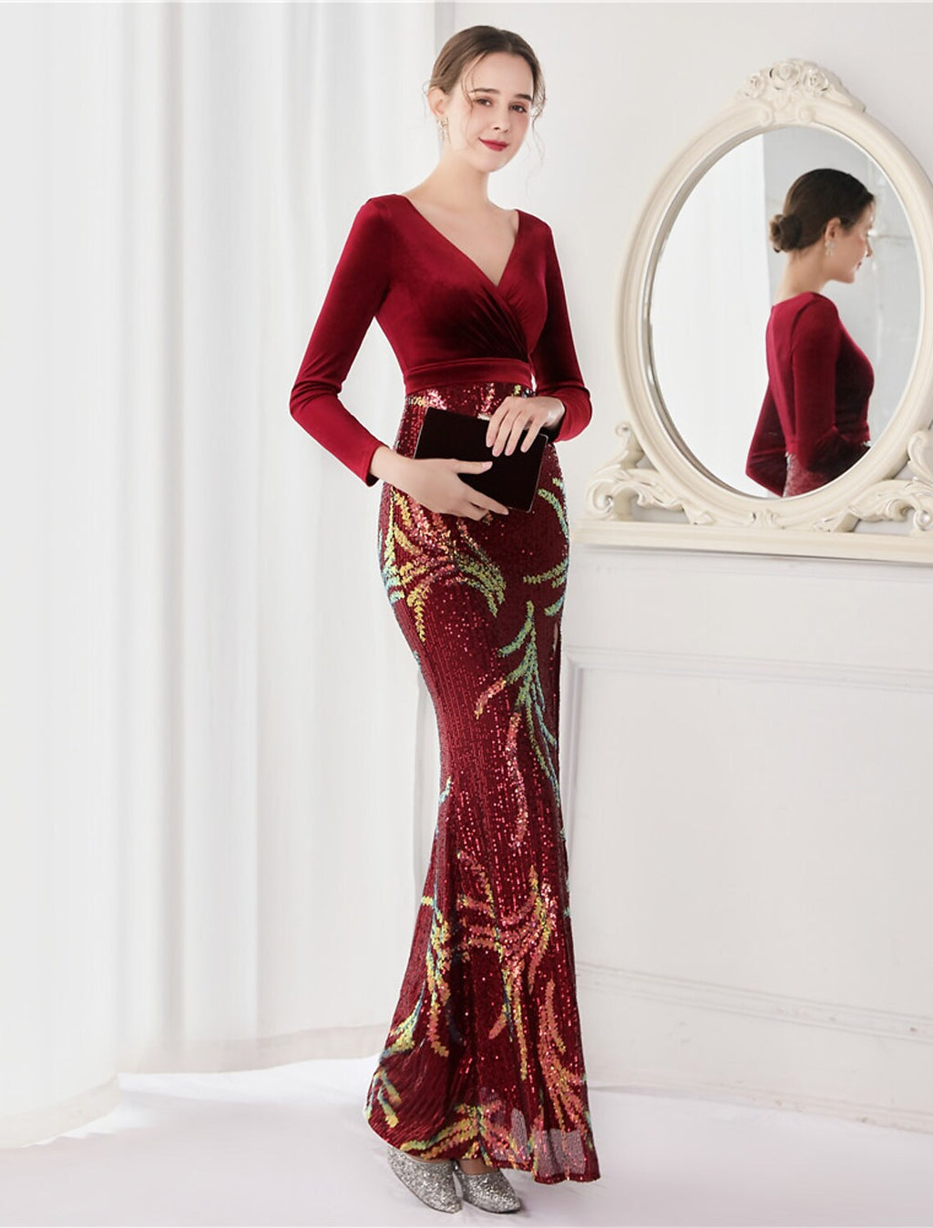Evening Gown Elegant Dress Wedding Floor Length Long Sleeve V Neck V Back with Slit