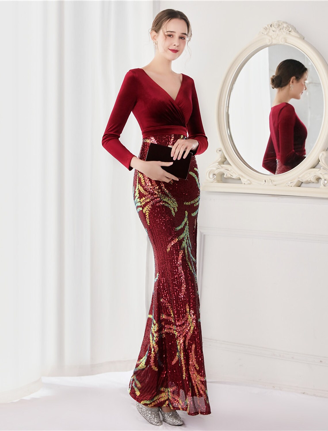 Evening Gown Elegant Dress Wedding Floor Length Long Sleeve V Neck V Back with Slit