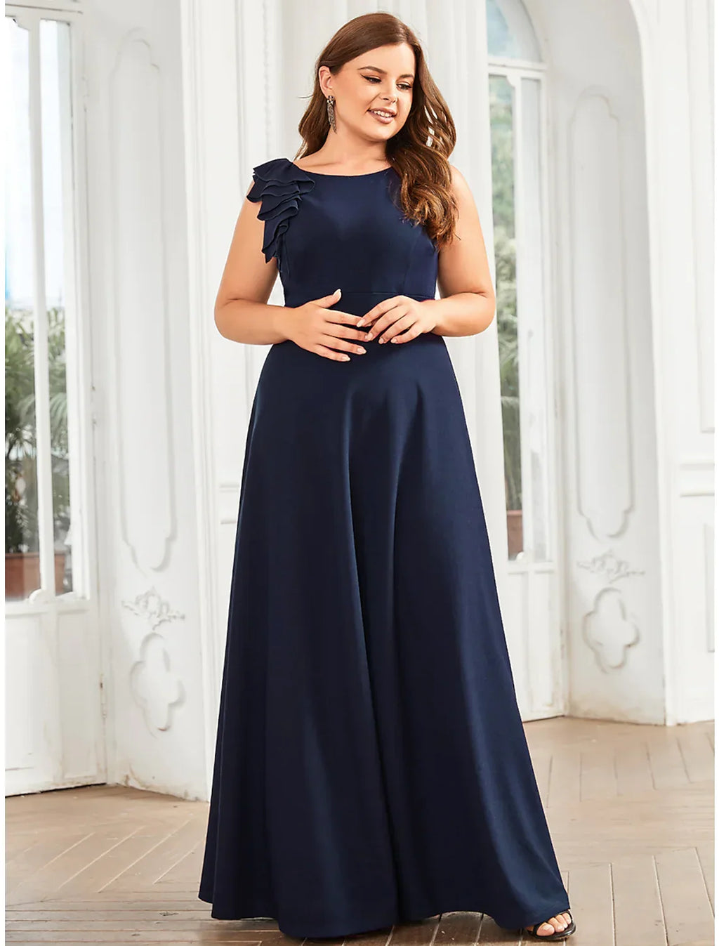 Evening Gown Plus Size Dress Formal Floor Length Sleeveless with Draping Appliques