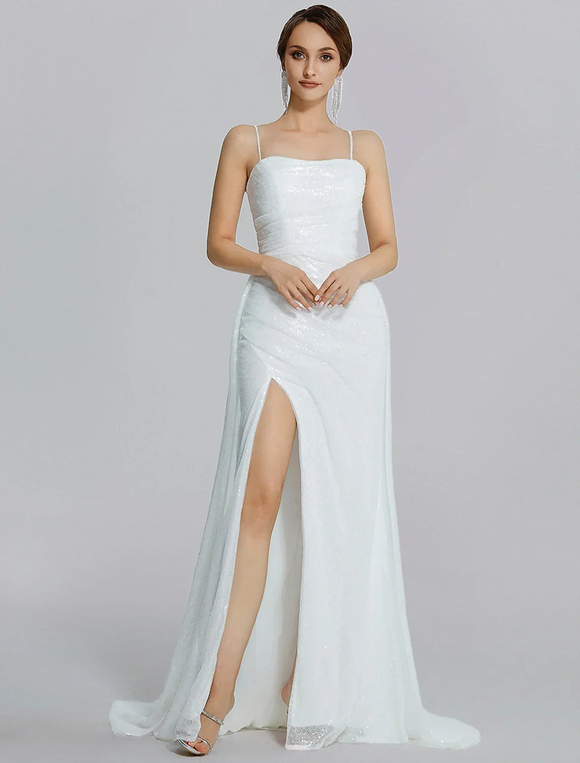 Mermaid / Trumpet Prom Dresses Sparkle Dress Wedding Floor Length Sleeveless Cowl Neck with Ruched Slit