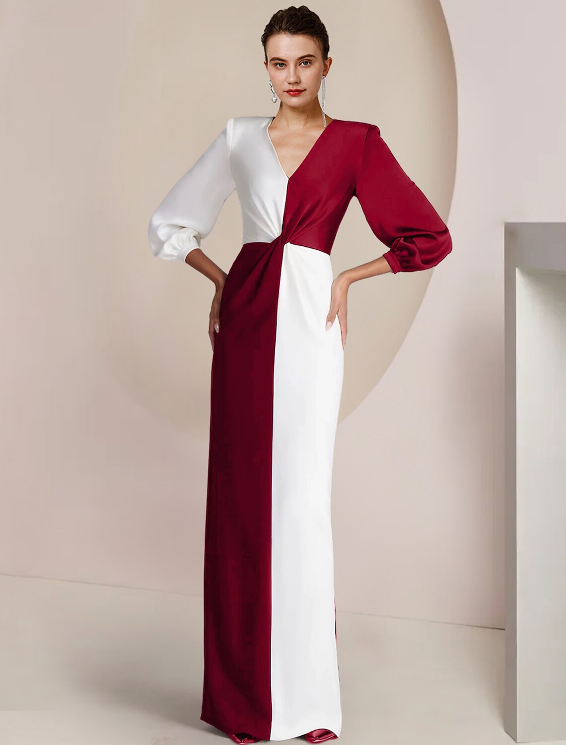 Sheath / Column Mother of the Bride Dress Formal Wedding Guest Party Elegant V Neck Floor Length 3/4 Length Sleeve