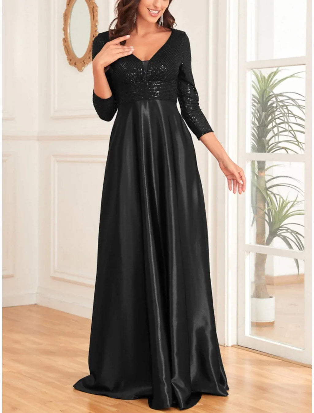 Mother of the Bride Dress Wedding Guest Elegant V Neck Floor Length 3/4 Length Sleeve with Ruching