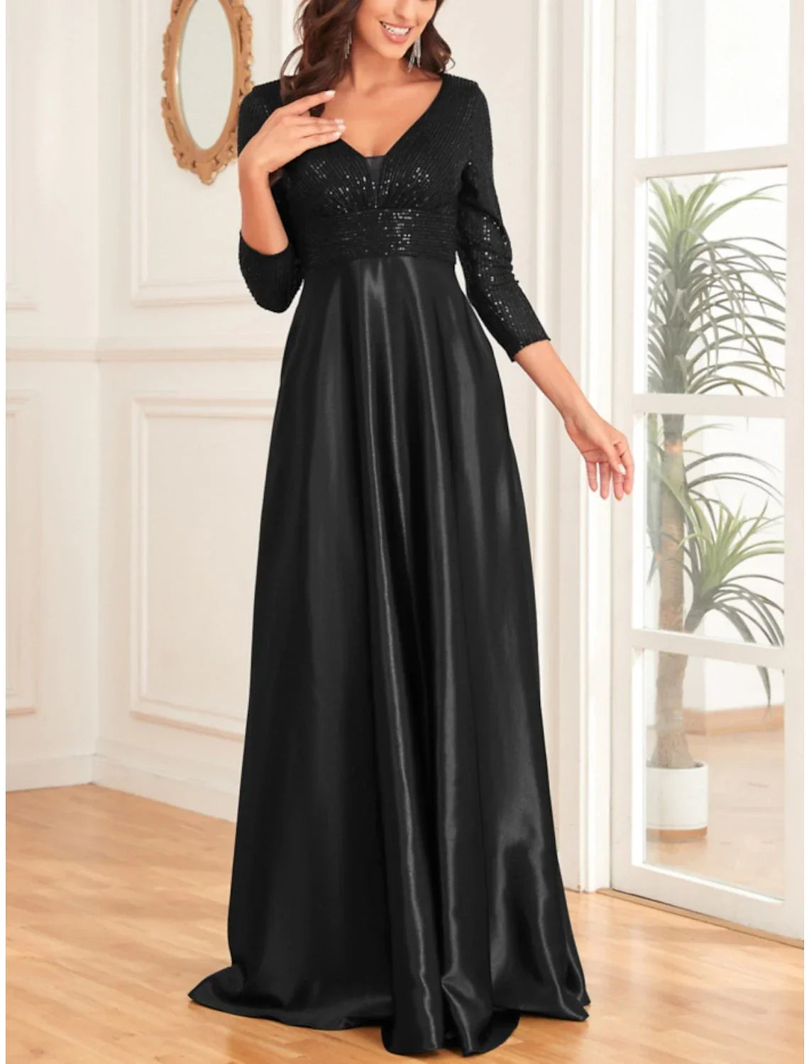 Mother of the Bride Dress Wedding Guest Elegant V Neck Floor Length 3/4 Length Sleeve with Ruching