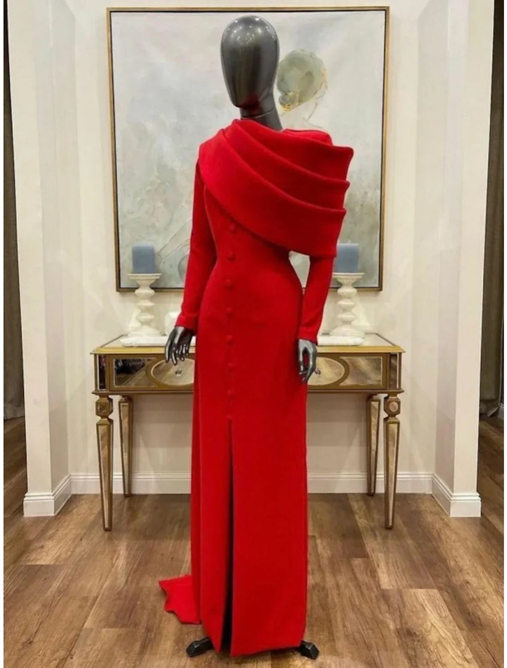 Black Sheath / Column Red Christmas Red Green Dress Evening Gown Elegant Cape Dress Formal Fall Sweep / Brush Train Long Sleeve Cowl Neck Fabric with Buttons Slit
