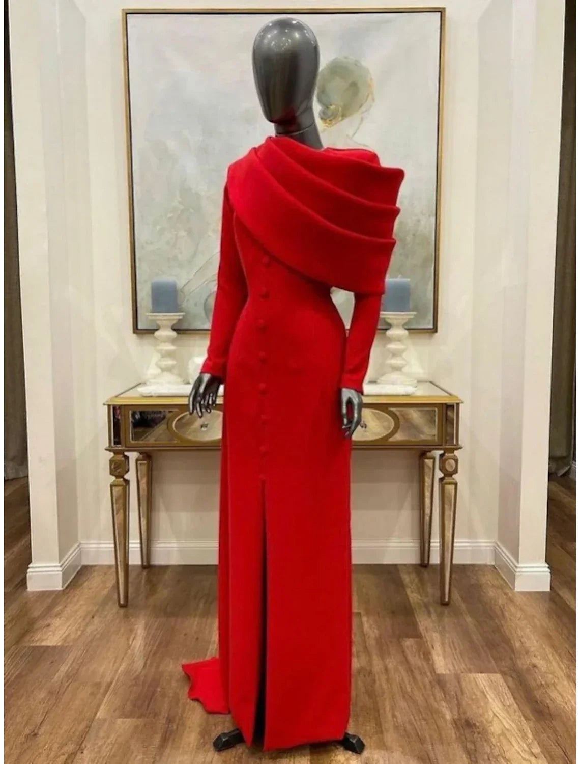 Black Sheath / Column Red Christmas Red Green Dress Evening Gown Elegant Cape Dress Formal Fall Sweep / Brush Train Long Sleeve Cowl Neck Fabric with Buttons Slit