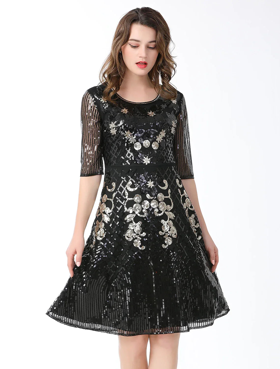 Cocktail Dresses Vintage Dress Holiday Party Wear Knee Length Half Sleeve Jewel Neck Blend with Splicing