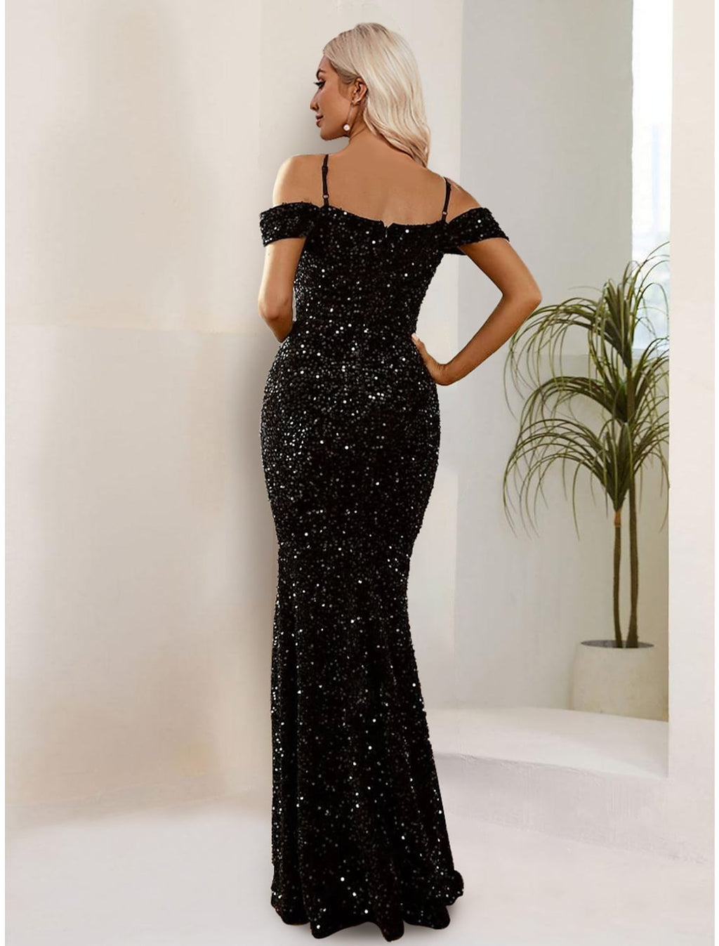 Black Evening Gown Dress Formal Floor Length Short Sleeve Strap