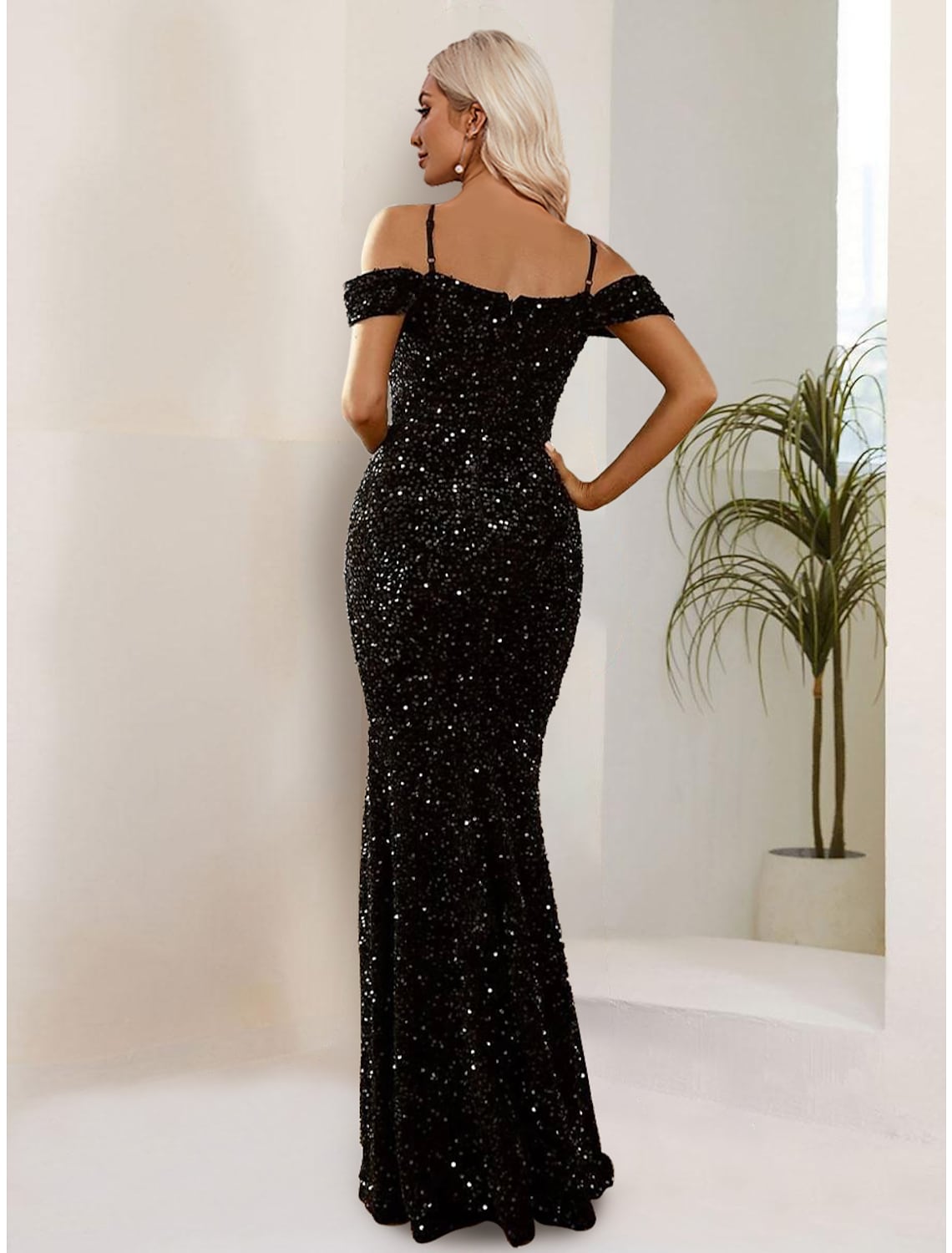 Black Evening Gown Dress Formal Floor Length Short Sleeve Strap