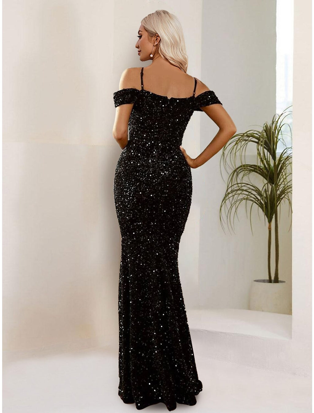 Black Mermaid / Trumpet Evening Gown Dress Formal Floor Length Short Sleeve Spaghetti Strap