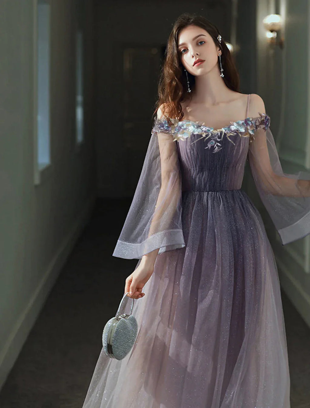 Minimalist Elegant Party Wear Prom Dress Off Shoulder Long Sleeve Floor Length with Appliques