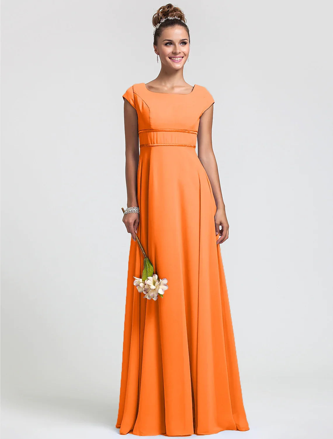 Bridesmaid Dress Square Neck Short Sleeve Elegant Floor Length with Sash Ribbon Pleat