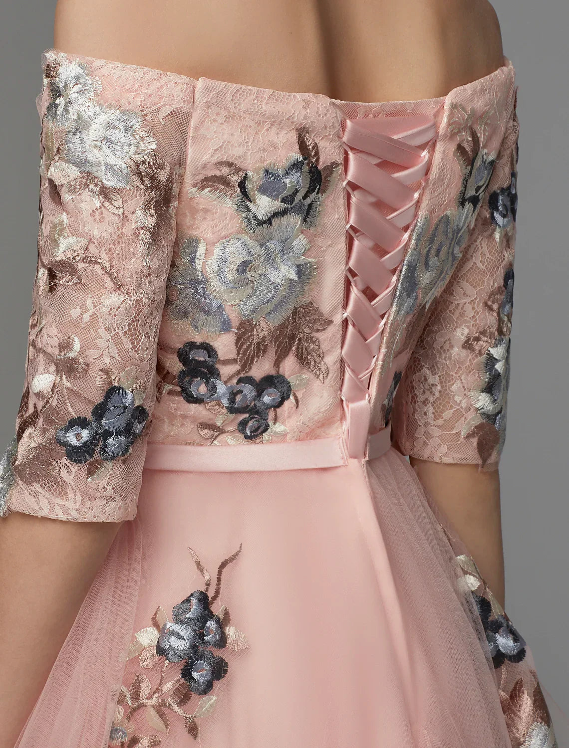 Evening Party Asymmetrical Half Sleeve Off Shoulder with Embroidery Appliques