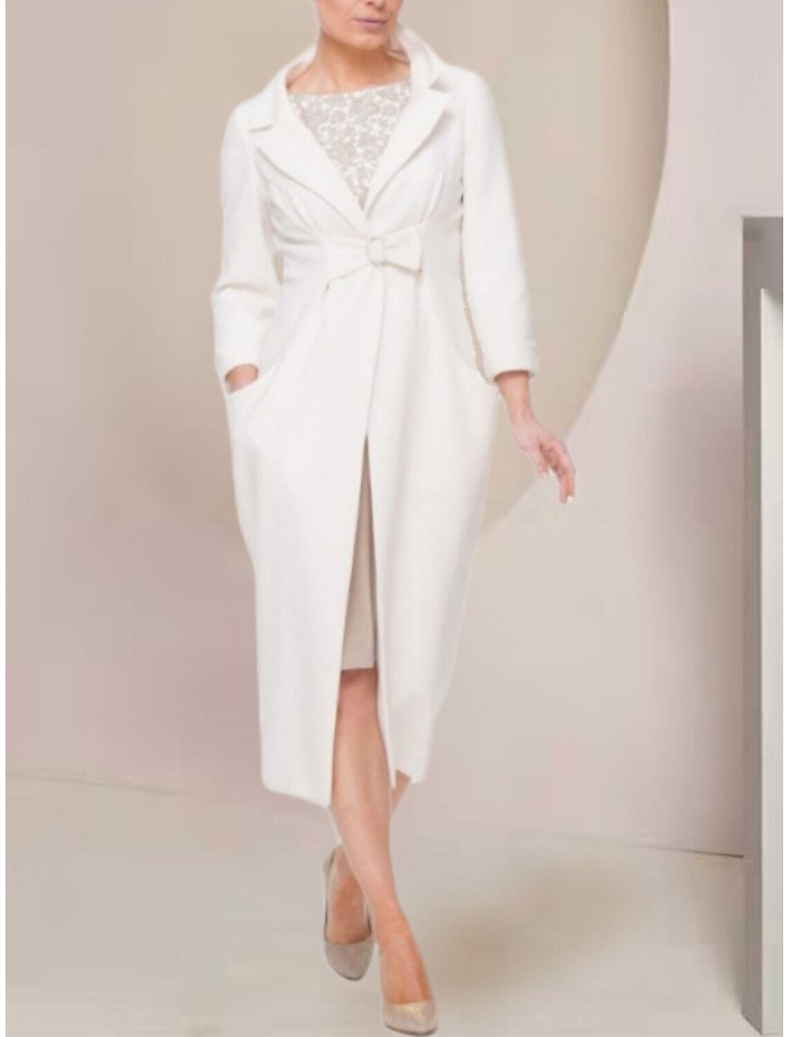 Two Piece Mother of the Bride Dress Wedding Guest Elegant Petite Scoop Neck Tea Length Long Sleeve with Bow(s)