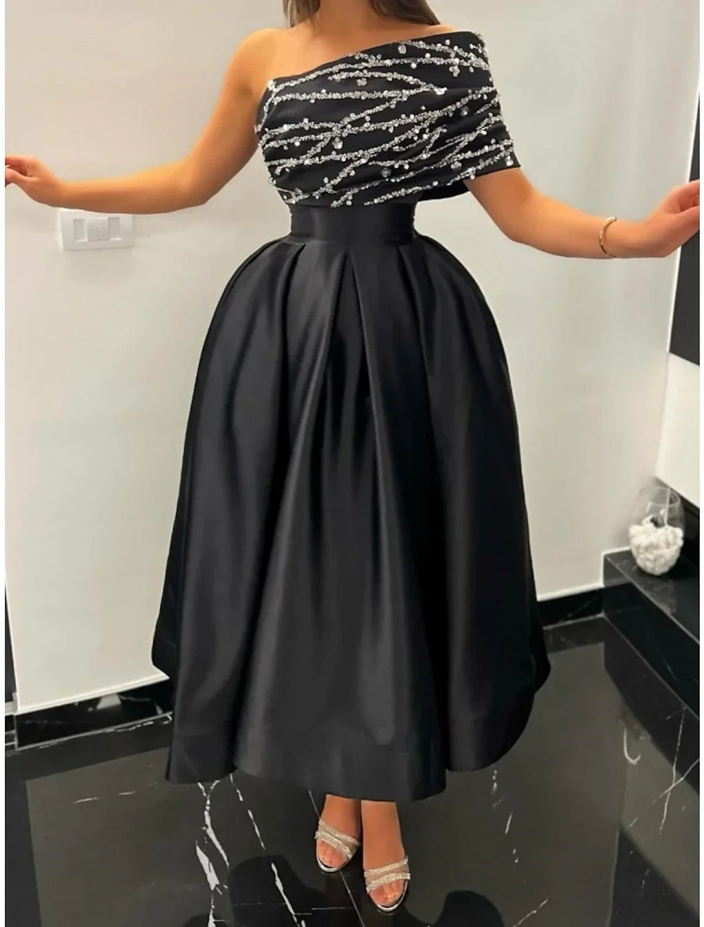 Black Evening Gown Elegant Dress Formal Ankle Length Dress Short Sleeve One Shoulder with Pleats