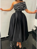 Black Evening Gown Elegant Dress Formal Ankle Length Dress Short Sleeve One Shoulder with Pleats