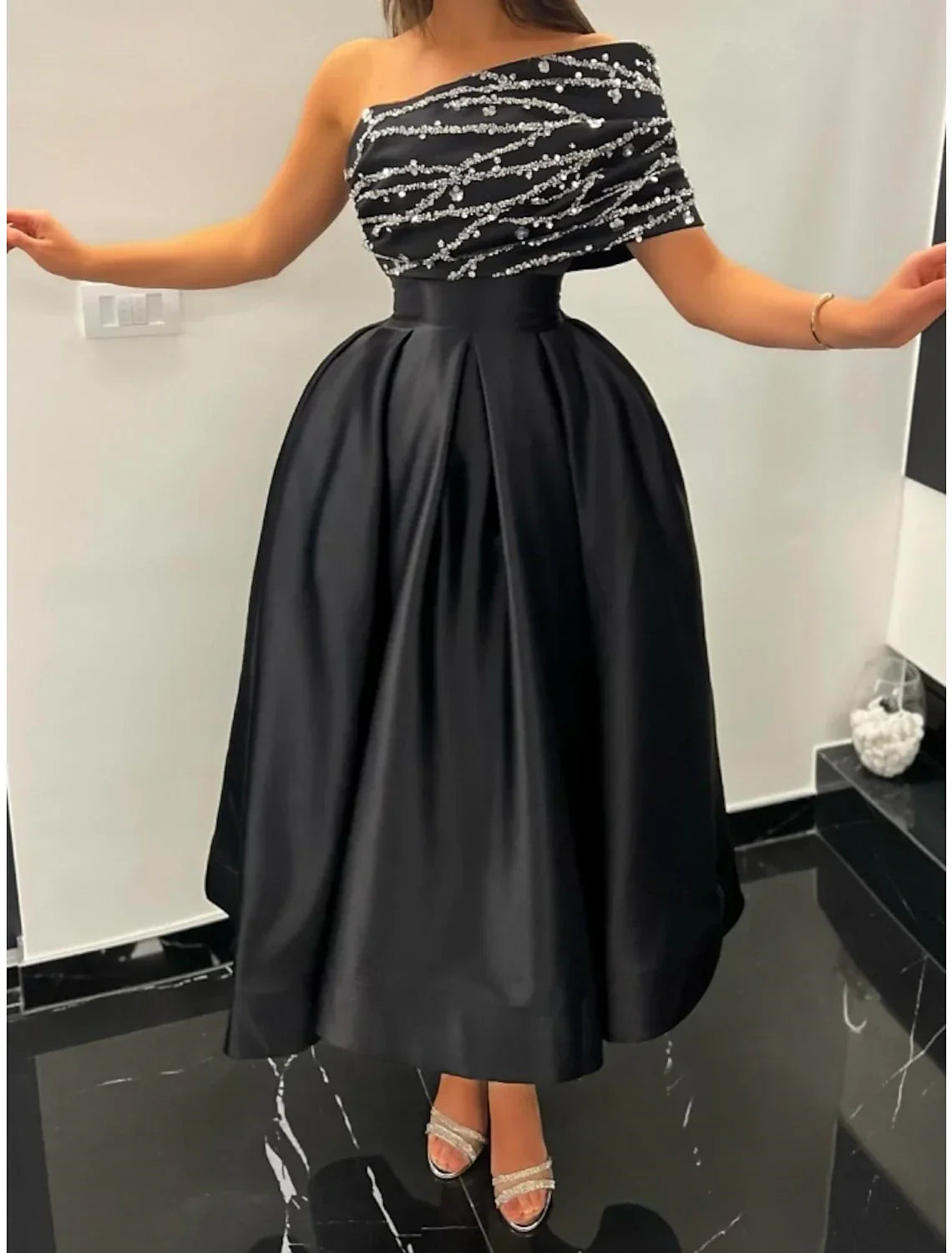 Black Evening Gown Elegant Dress Formal Ankle Length Dress Short Sleeve One Shoulder with Pleats