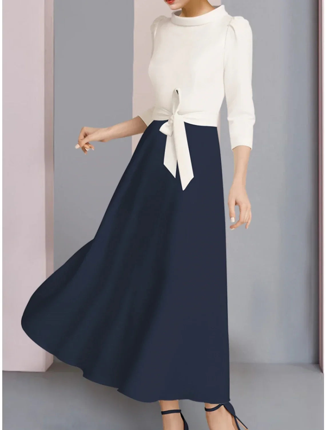 Mother of the Bride Dress Wedding Guest Elegant Scoop Neck Ankle Length Fabric 3/4 Length Sleeve with Bow(s) Ruching