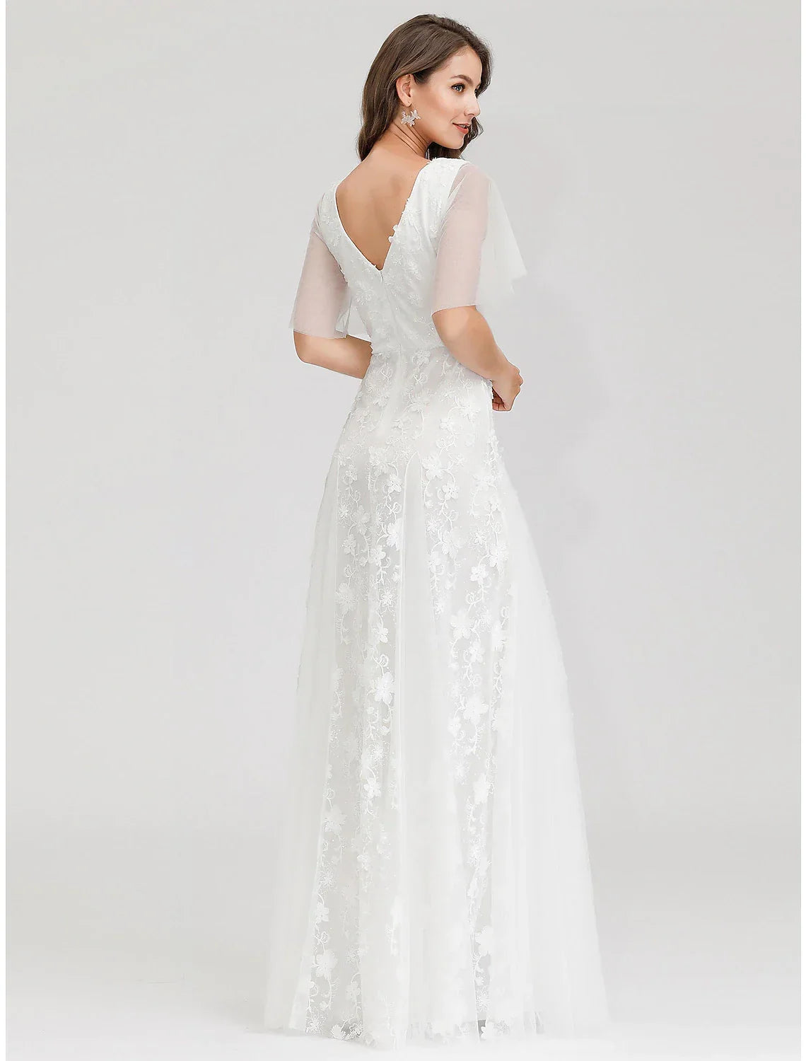 Open Back Dresses A-Line Short Sleeve V Neck Appliques