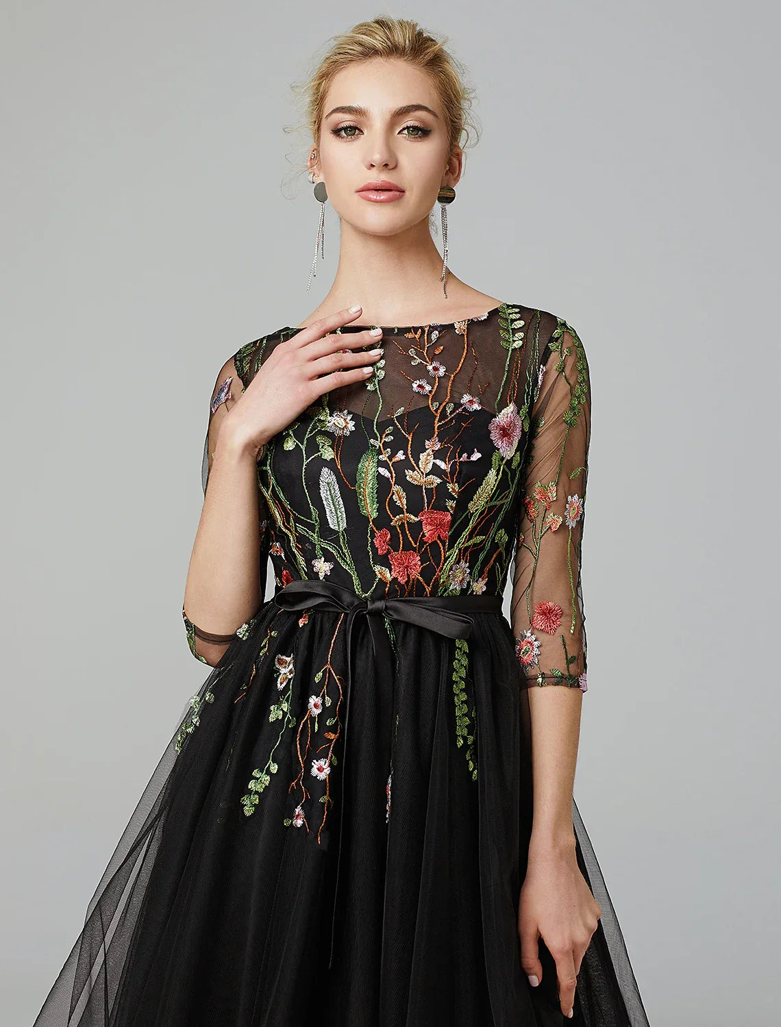 Black Little Dress Dress Wedding Guest Knee Length Long Sleeve Illusion Neck Wednesday Addams Family with Embroidery Appliques