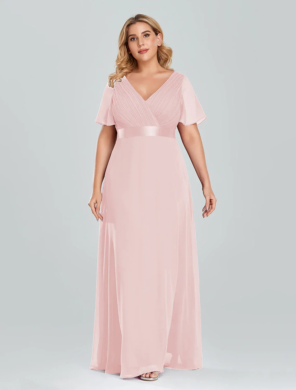 Empire Dress Wedding Guest Floor Length Short Sleeve V Neck with Pleats