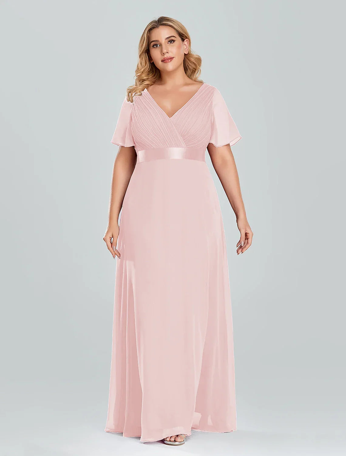 Empire Dress Wedding Guest Floor Length Short Sleeve V Neck with Pleats