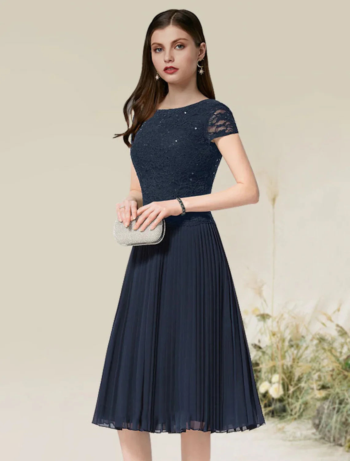 Cocktail Dresses Flirty Dress Homecoming Wedding Guest Tea Length Short Sleeve Jewel Neck with Pleats