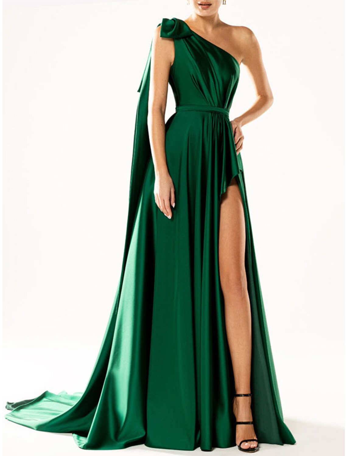 Evening Gown Elegant Dress Party Wear Wedding Guest Court Train Sleeveless One Shoulder Nylon with Bow(s)