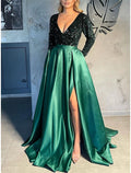 Celebrity Style Sparkle Sexy Party Wear Prom Dress V Neck Long Sleeve Sweep / Brush Train with Slit Splicing