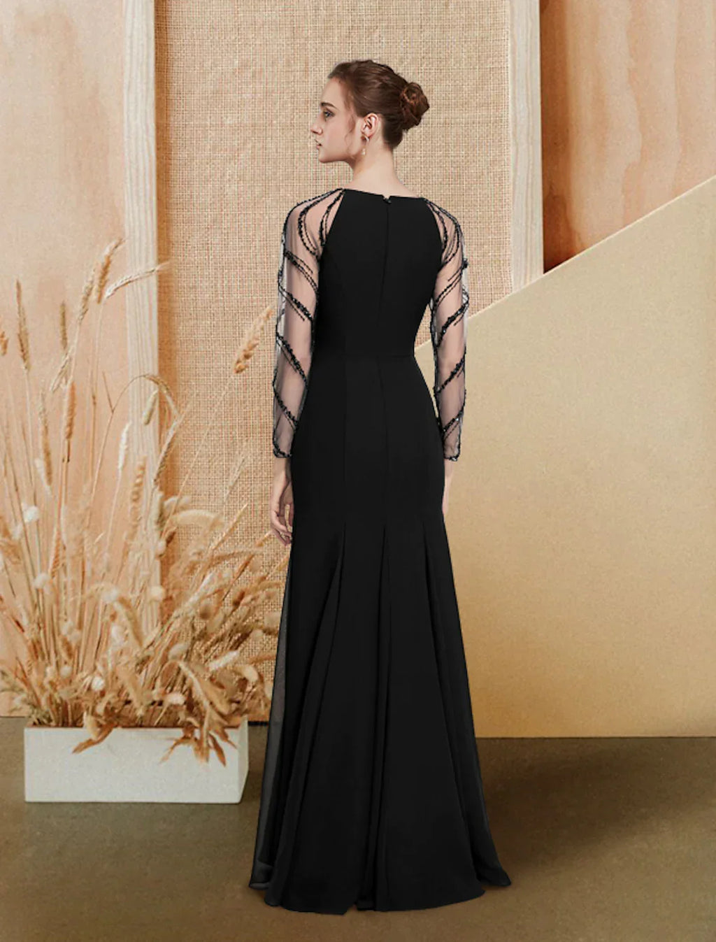 Evening Gown Luxurious Dress Prom Floor Length Long Sleeve Jewel Neck with Pleats