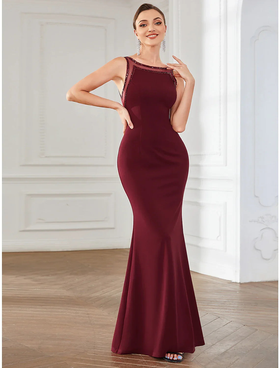 Mermaid / Trumpet Party Dresses Elegant Dress Party Wear Floor Length Sleeveless Jewel Neck with Crystals