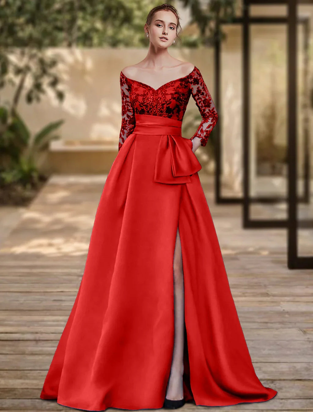 Sheath / Column Evening Gown High Split Dress Formal Wedding Guest Sweep / Brush Train 3/4 Length Sleeve Off Shoulder Charmeuse with Bow(s) Slit