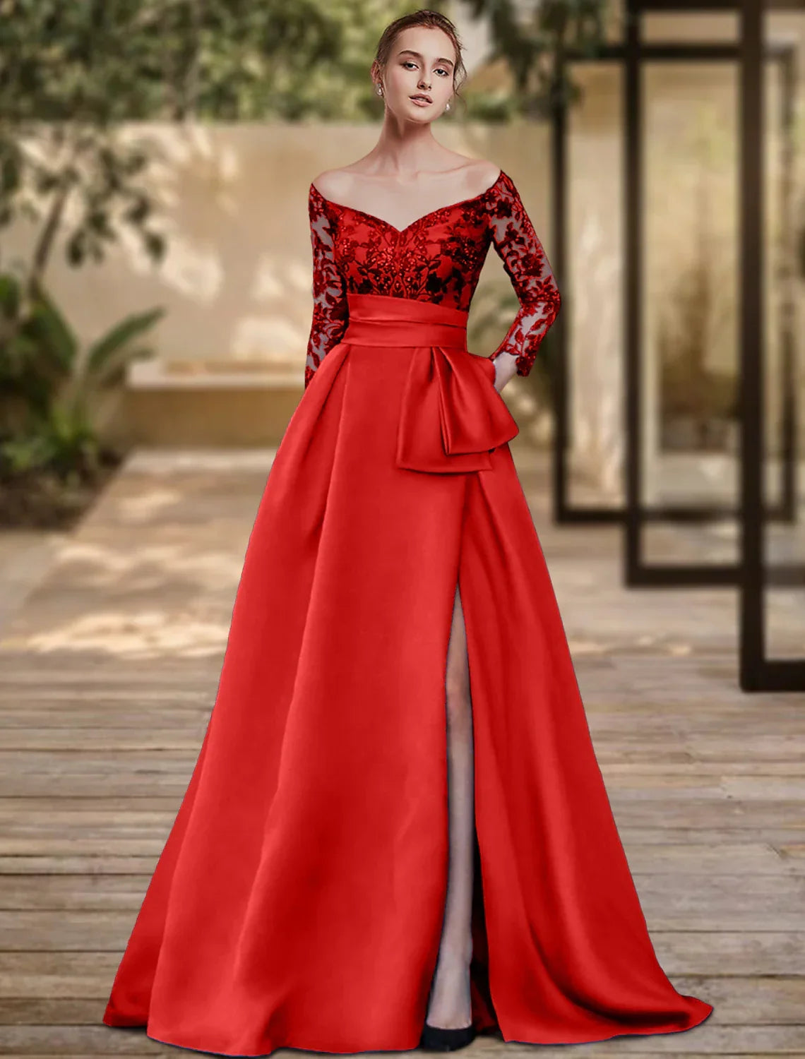 Sheath / Column Evening Gown High Split Dress Formal Wedding Guest Sweep / Brush Train 3/4 Length Sleeve Off Shoulder Charmeuse with Bow(s) Slit