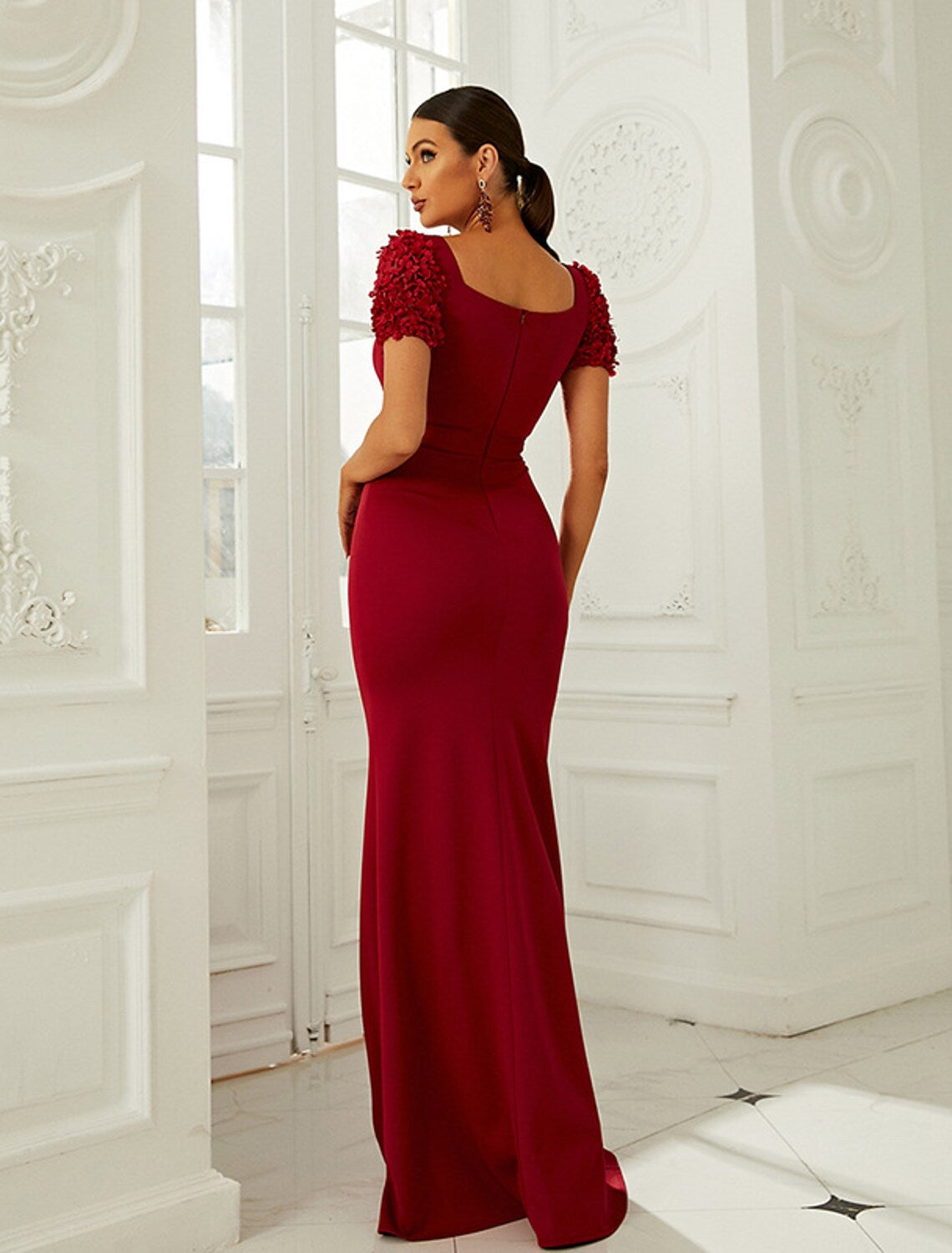 Evening Gown Dress Formal Floor Length Short Sleeve Square Neck
