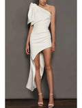 White Asymmetrical One-Shoulder High-Slit Midi Prom Dress