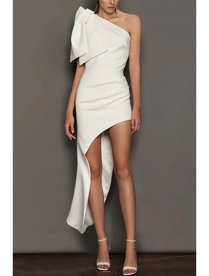 White Asymmetrical One-Shoulder High-Slit Midi Prom Dress