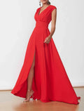 Minimalist Elegant Wedding Guest Formal Evening Dress V Neck Sleeveless Floor Length with Slit