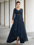 Mother of the Bride Dress Plus Size Elegant V Neck Asymmetrical Floor Length Long Sleeve with Pleats Crystals