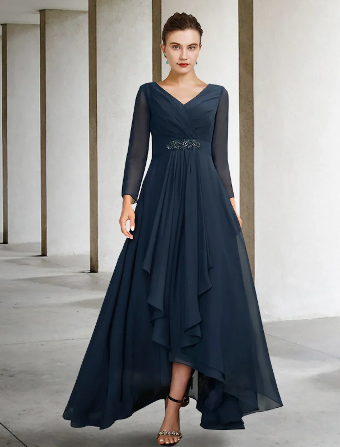 Mother of the Bride Dress Plus Size Elegant V Neck Asymmetrical Floor Length Long Sleeve with Pleats Crystals
