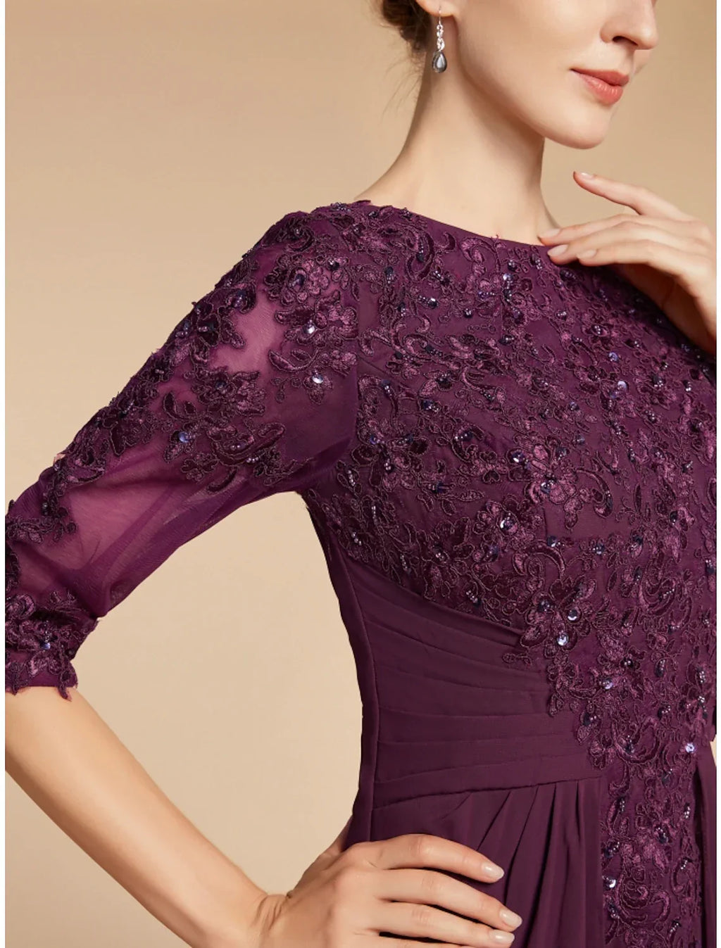 Sheath / Column Mother of the Bride Dress Wedding Guest Elegant Scoop Neck Floor Length Half Sleeve with Pleats