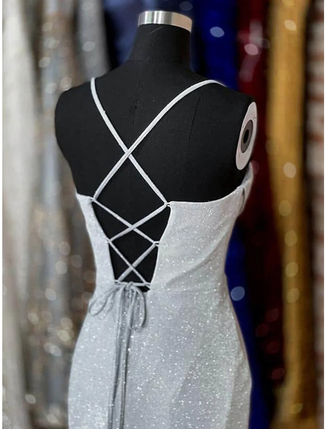 Sheath / Column Prom Dresses Corsets Dress Wedding Party Sweep / Brush Train Sleeveless Cowl Neck with Glitter Ruched Slit
