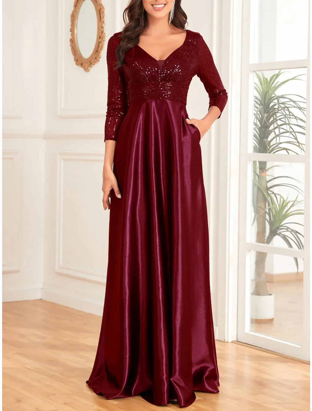Mother of the Bride Dress Wedding Guest Elegant V Neck Floor Length 3/4 Length Sleeve with Ruching