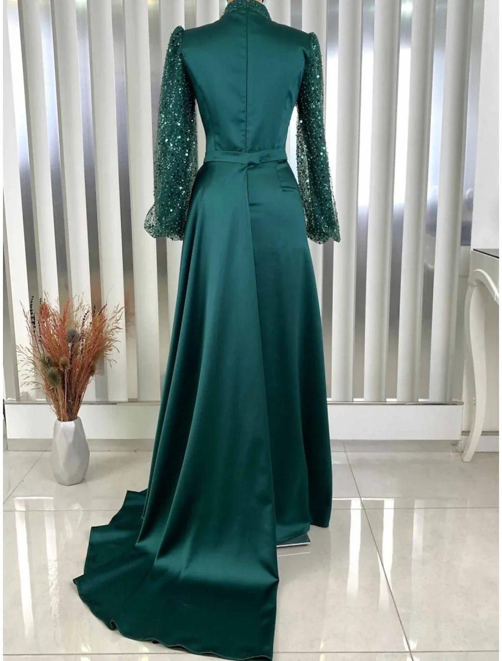 Evening Gown Champagne Christmas Elegant Dress Formal Sweep / Brush Train Long Sleeve High Neck with Glitter Pleats Ruched