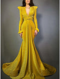 Evening Gown Elegant Dress Formal Court Train Christmas Long Sleeve V Neck Lurex Fabric with Glitter Pleats Ruched