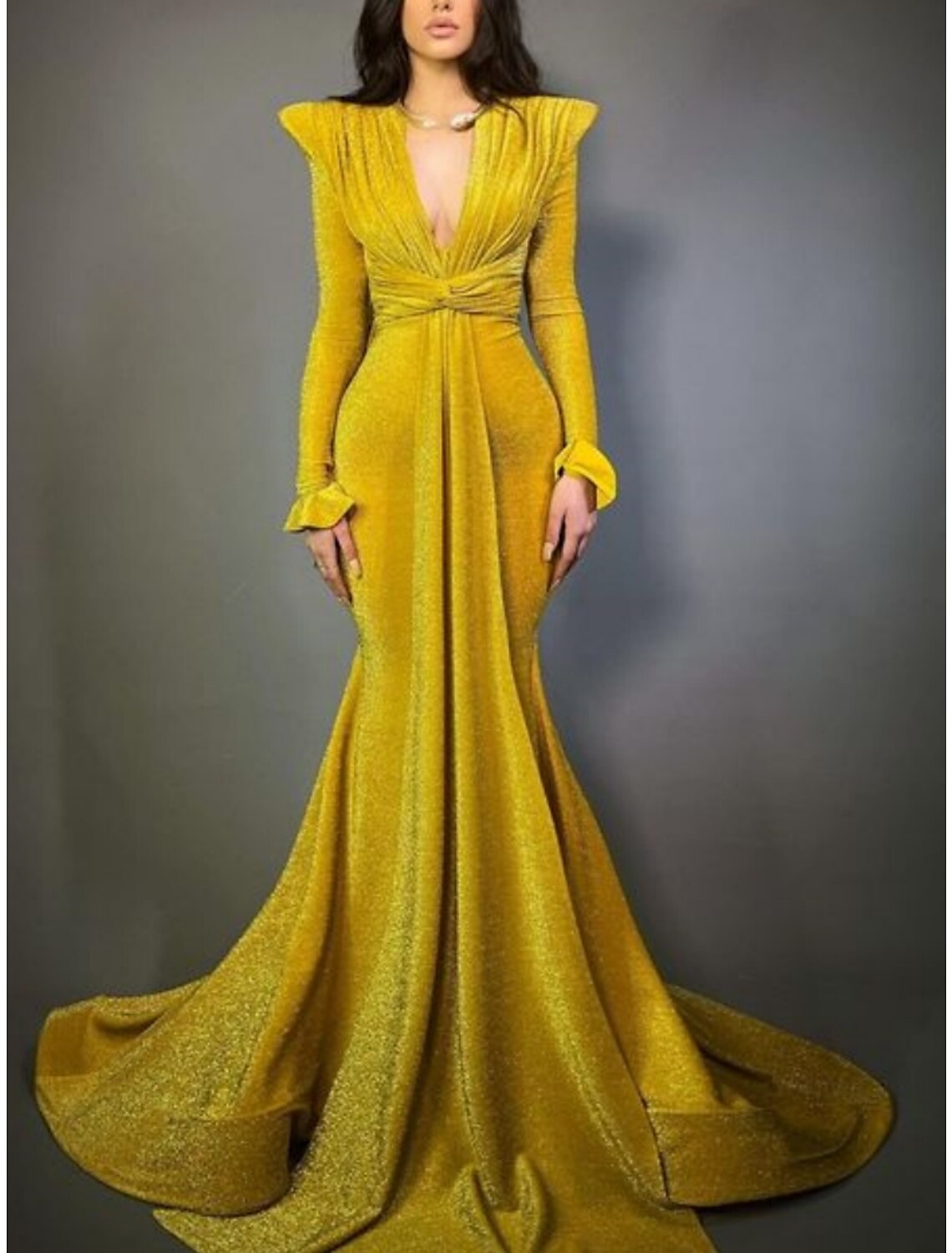 Evening Gown Elegant Dress Formal Court Train Christmas Long Sleeve V Neck Lurex Fabric with Glitter Pleats Ruched