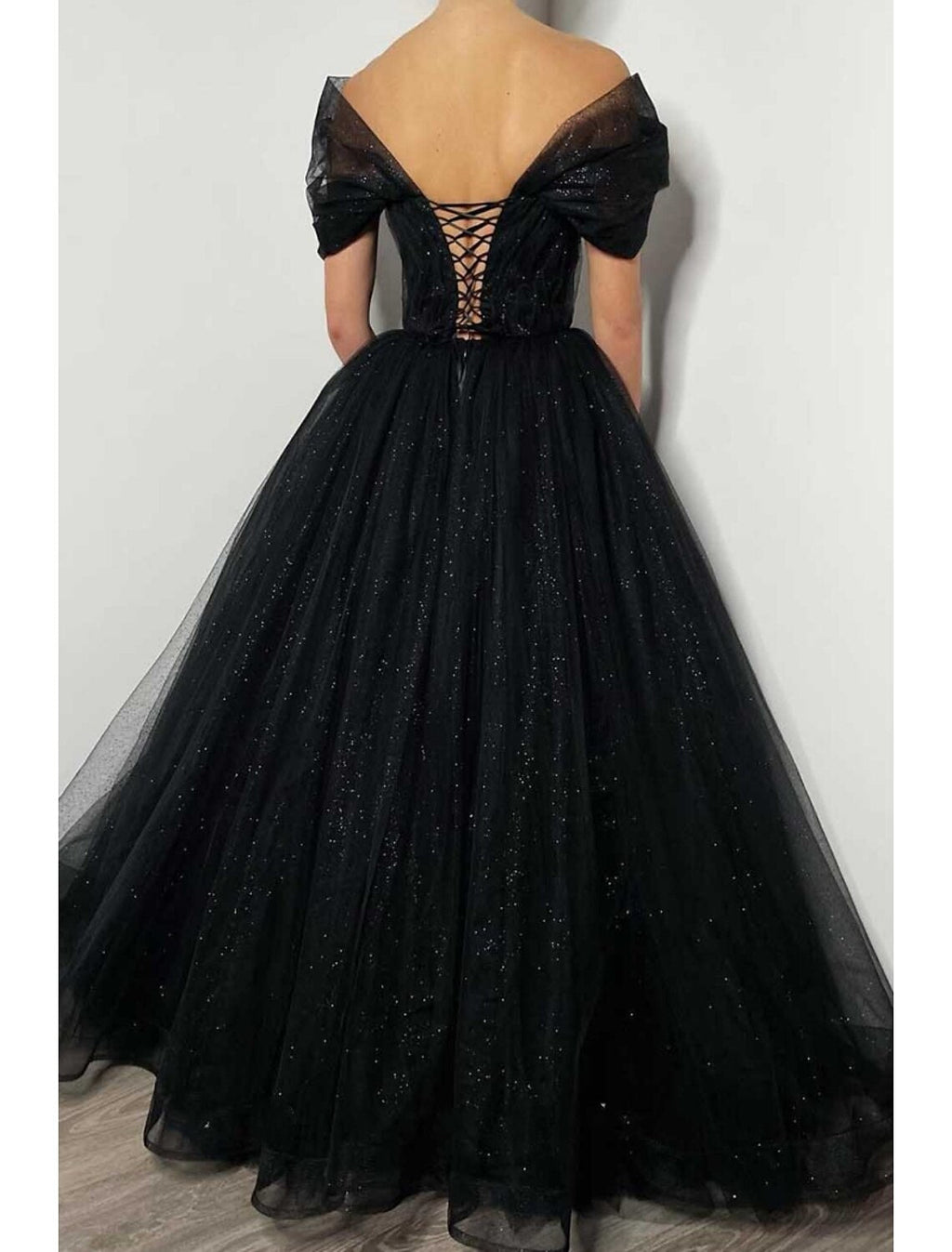 Black Formal Floor Length Dress Short Sleeve Off Shoulder with Pleats Beading