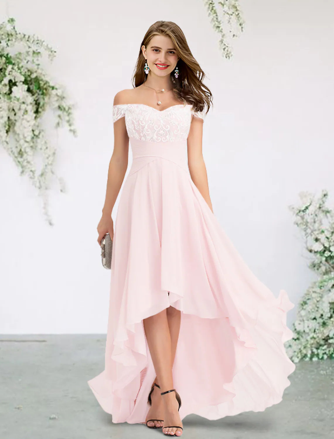 Bridesmaid Dress Off Shoulder Short Sleeve Elegant Asymmetrical Appliques