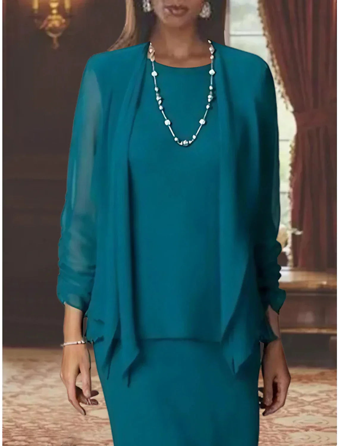 Two Piece Sheath / Column Mother of the Bride Dress Formal Wedding Guest Elegant Scoop Neck Floor Length Long Sleeve Wrap Included with Solid Color